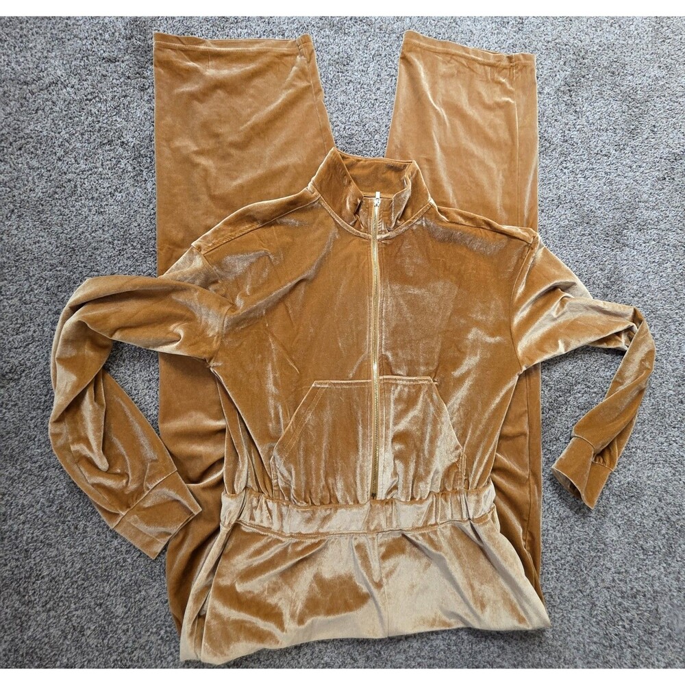 Fabletics Velour Zip-Up Jumpsuit Size Medium Gold Long Sleeve Retro 70's